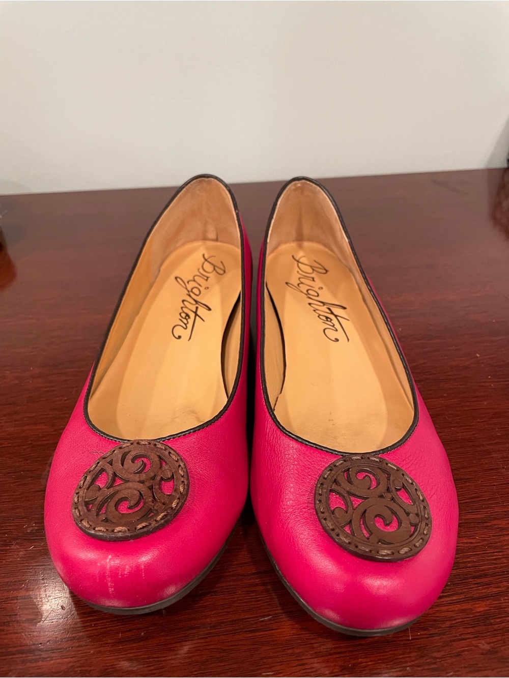Brighton Fuchsia Leather Flats with Brown Medallion Accent